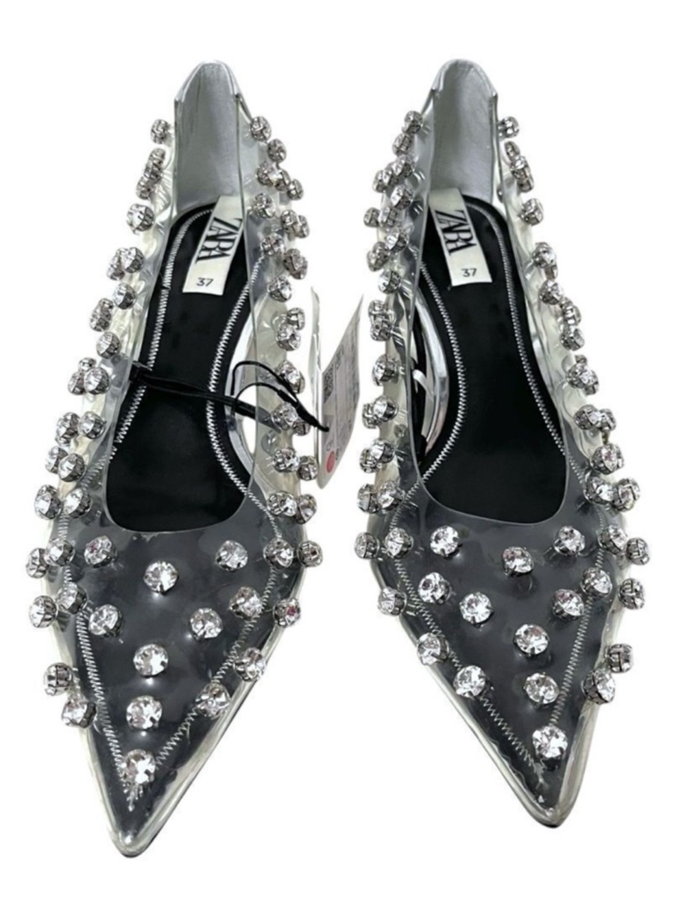 NWT ZARA Clear Vinyl Rhinestone Embellishments Pointed Toe Kitten Heels 37